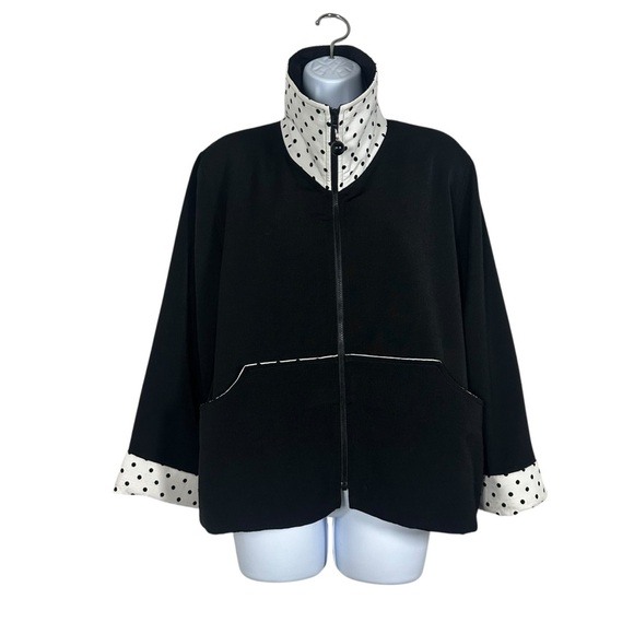 Caroline Rose Black Zip Front Jacket Polka Dot Cuff Pockets Womens Size Medium - Picture 3 of 13